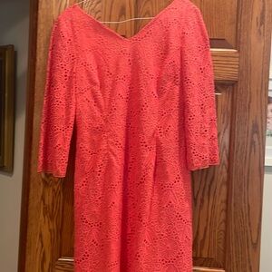 Elegance in coral crochet Lilly Pulitzer dress- size 12. Figure flattering!